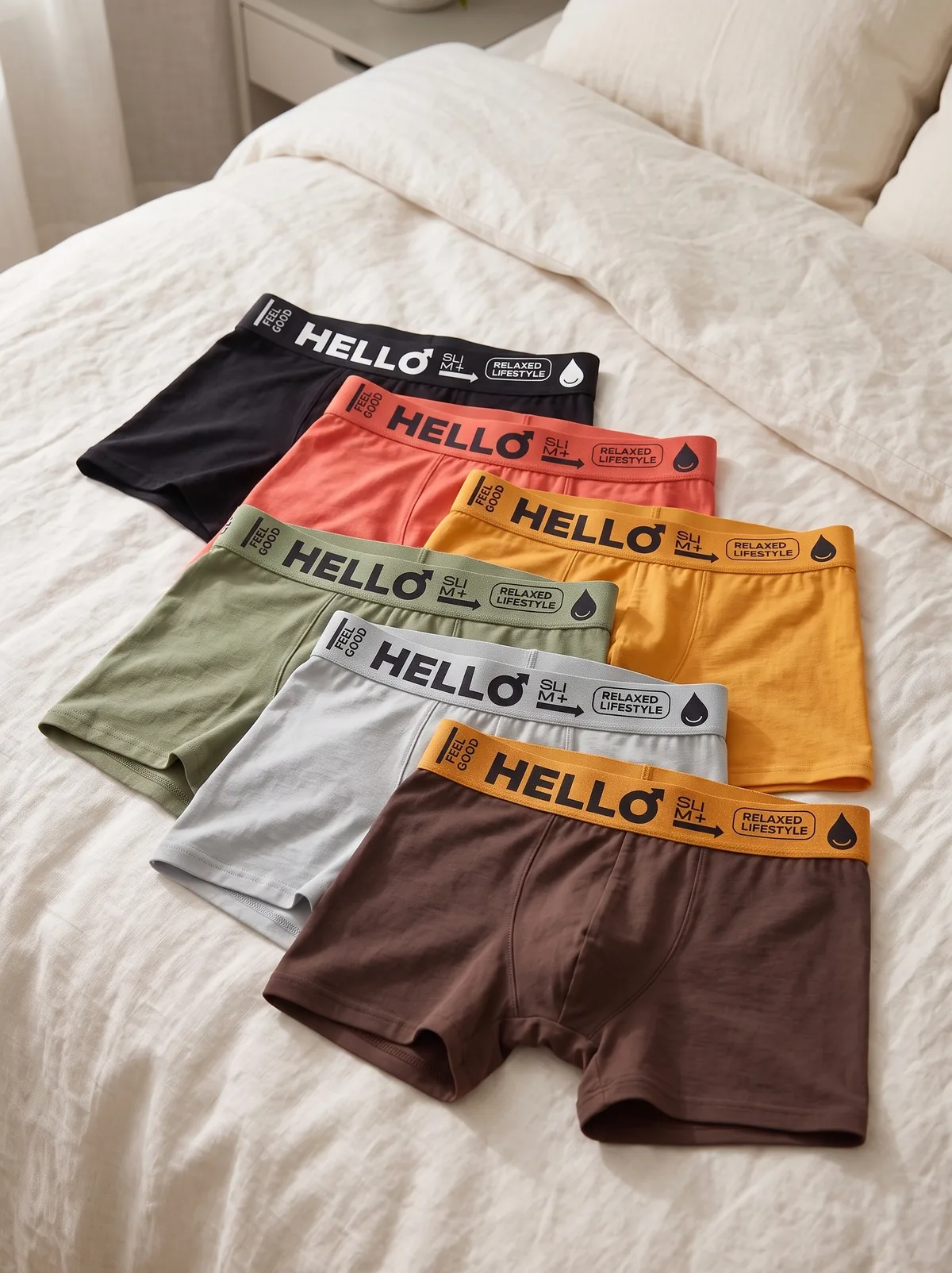 Hello Slim'in 6 rengi yatakta açık halde: siyah, mercan, hardal, adaçayı, buz grisi ve füme kahve